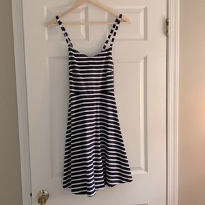 Spaghetti strap blue and white striped dress
